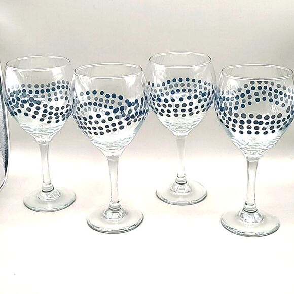 Long Stem Wine Goblets with Navy Swirly Dots (Set of 4) - Picture 1 of 6